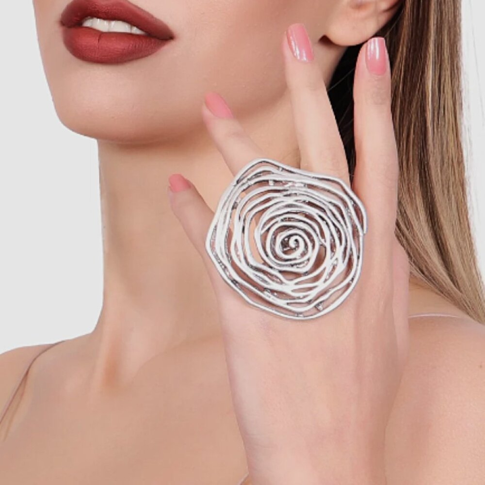 Oversized Brutalist Statement Ring – Adjustable Ring Size, Stylized Floral Rose - Picture 6 of 11